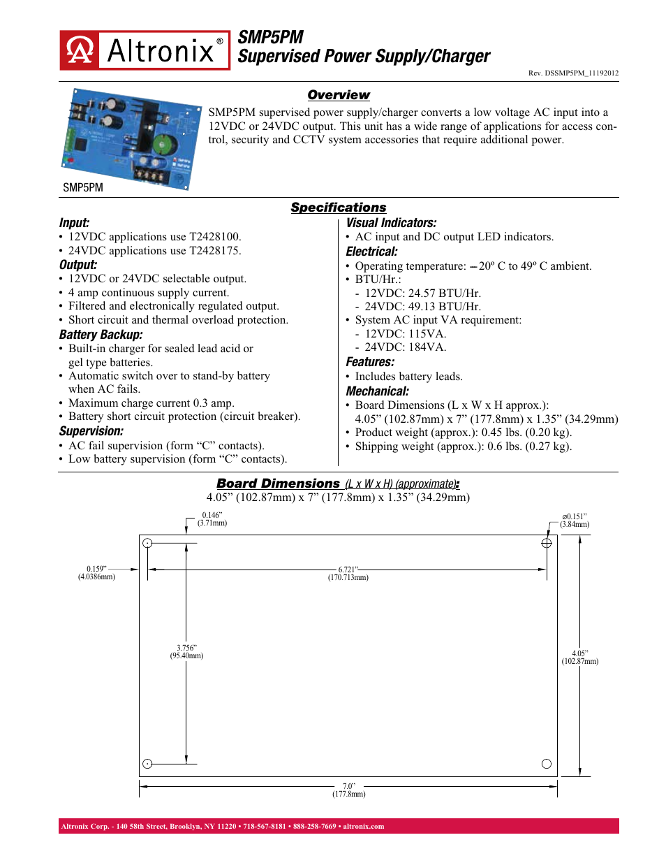 Altronix SMP5PM Data Sheet User Manual | 1 page