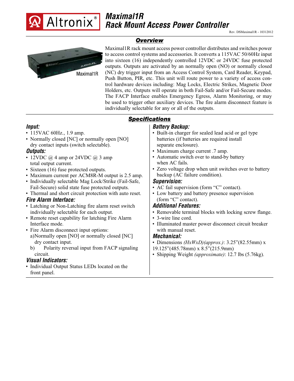 Altronix Maximal1R Data Sheet User Manual | 2 pages