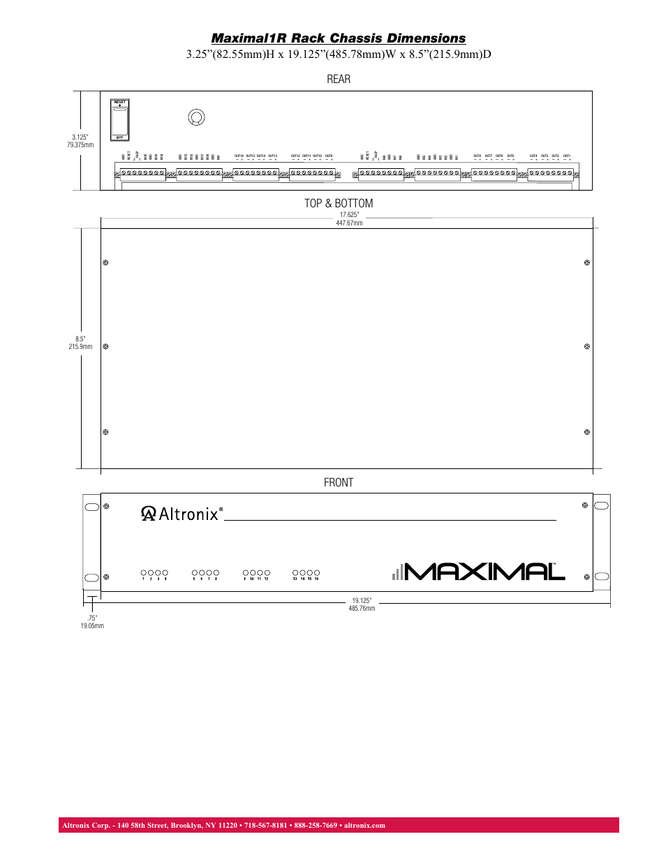 Maximal1r rack chassis dimensions, Front top & bottom rear | Altronix Maximal1R Data Sheet User Manual | Page 2 / 2