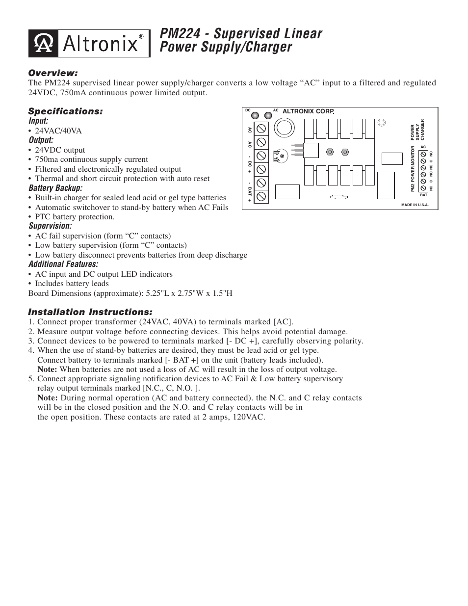 Altronix PM224 Installation Instructions User Manual | 2 pages