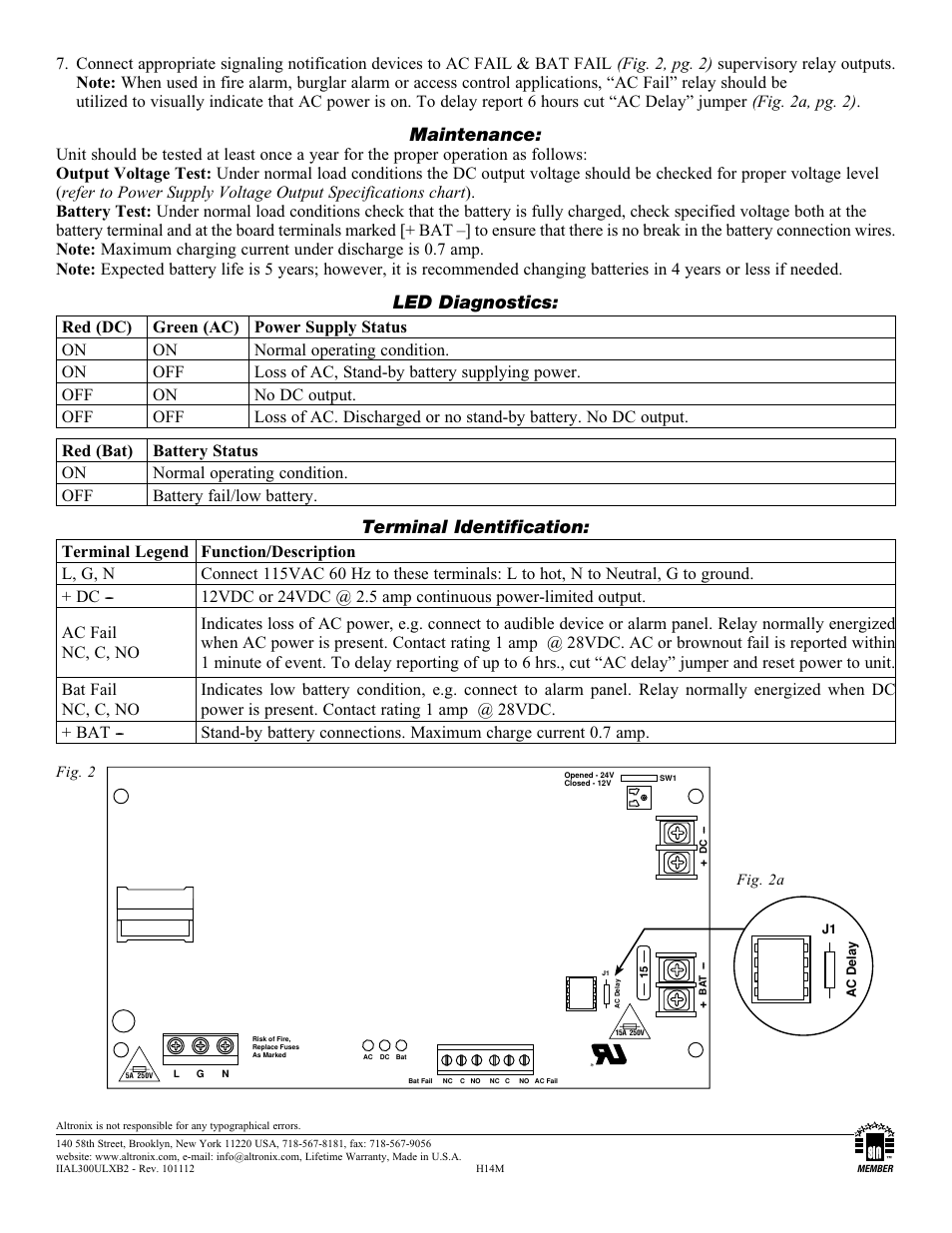 Ba t, Lg n, Maintenance | Led diagnostics, Terminal identification | Altronix AL300ULXB2 Installation Instructions User Manual | Page 2 / 2