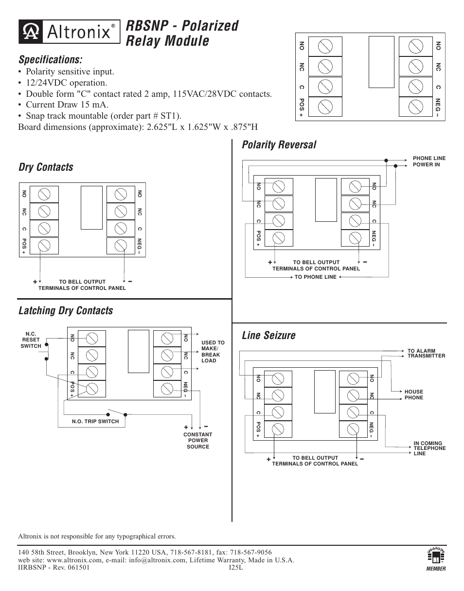 Altronix RBSNP Installation Instructions User Manual | 1 page