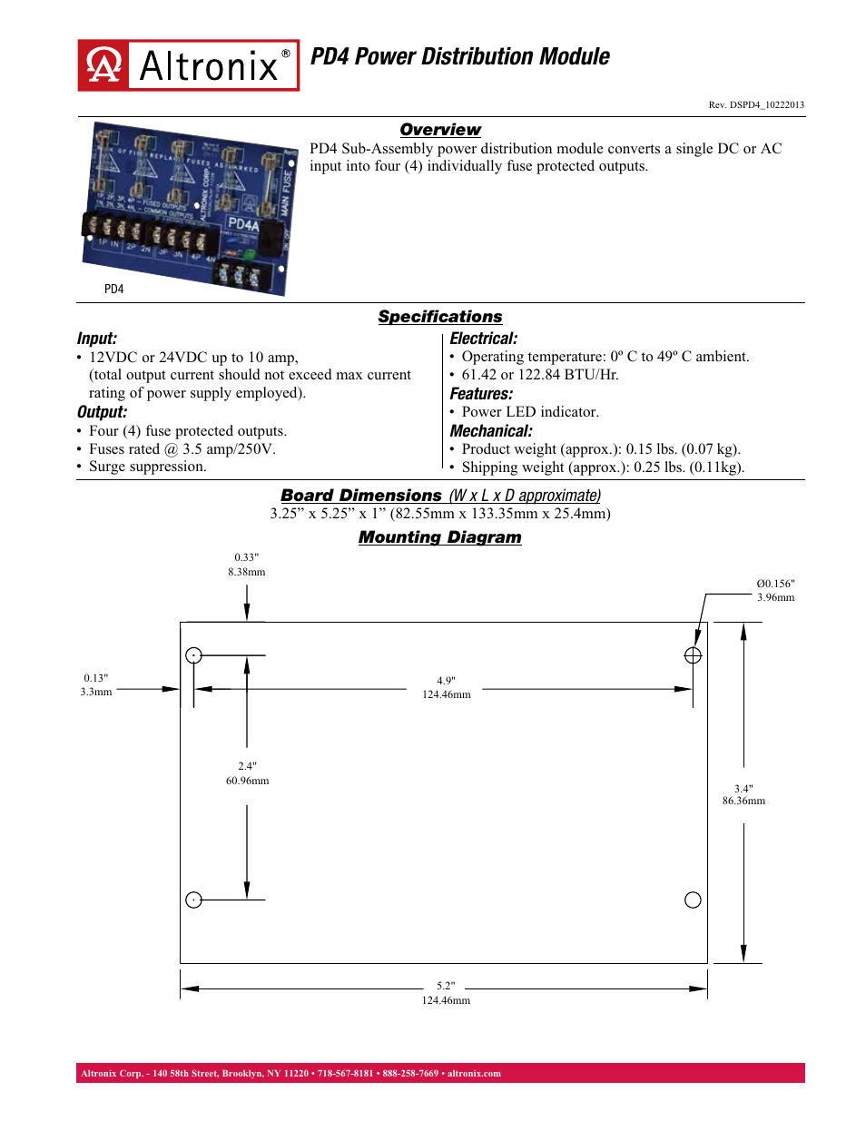 Altronix PD4 Data Sheet User Manual | 1 page