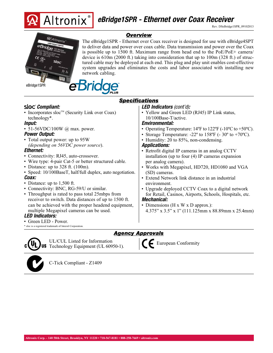 Altronix eBridge1SPR Data Sheet User Manual | 1 page