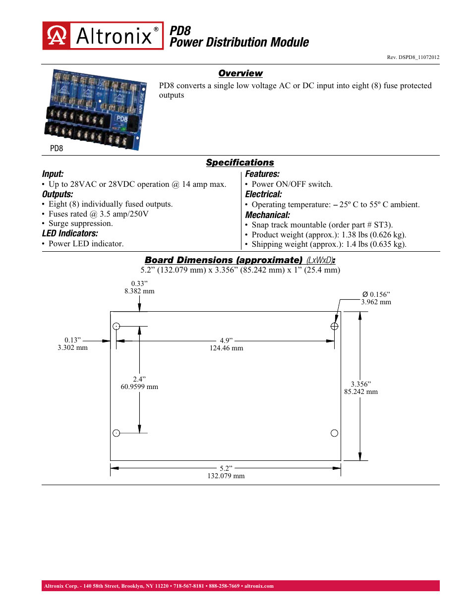 Altronix PD8 Data Sheet User Manual | 1 page