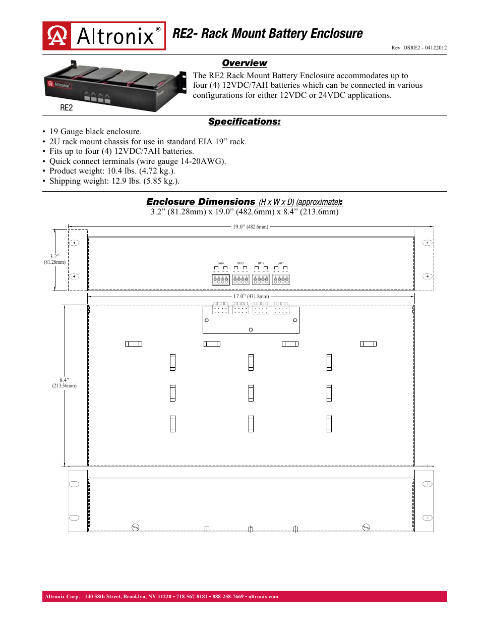 Altronix RE2 Data Sheet User Manual | 1 page