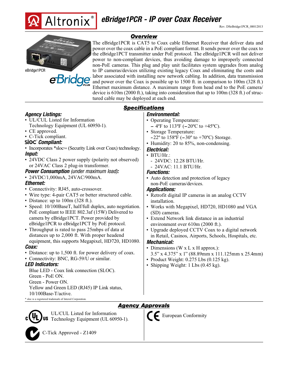 Altronix eBridge1PCR Data Sheet User Manual | 2 pages