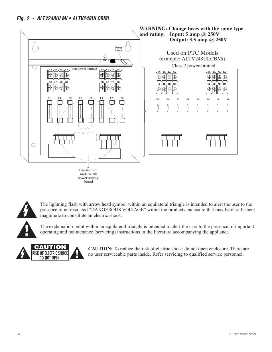 Used on ptc models, Example: altv248ulcbmi), Class 2 power-limited | Altronix ALTV2416ULI3 Installation Instructions User Manual | Page 4 / 8
