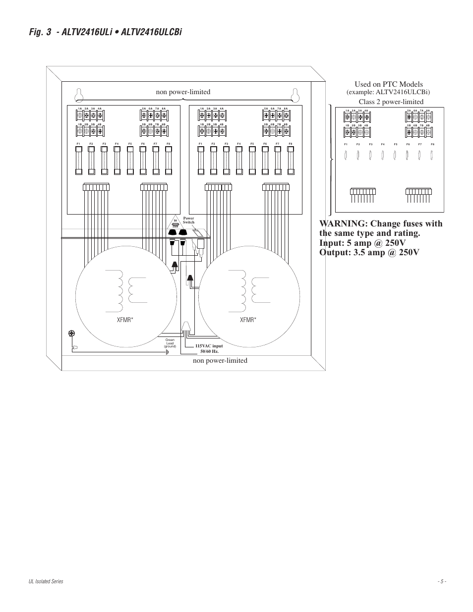 Used on ptc models, Example: altv2416ulcbi), Xfmr | Altronix ALTV2416ULI3 Installation Instructions User Manual | Page 5 / 8