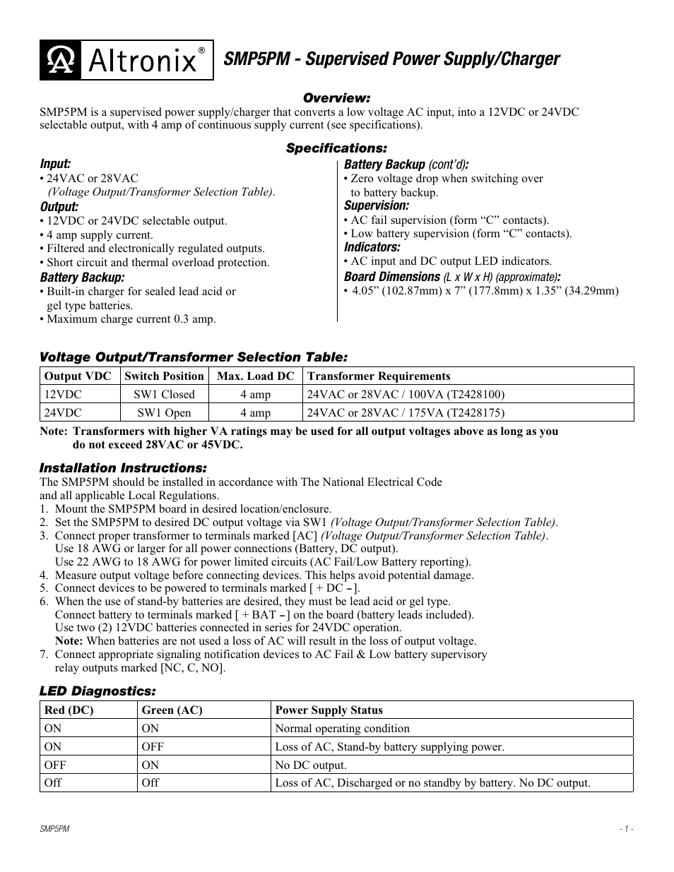 Altronix SMP5PM Installation Instructions User Manual | 2 pages