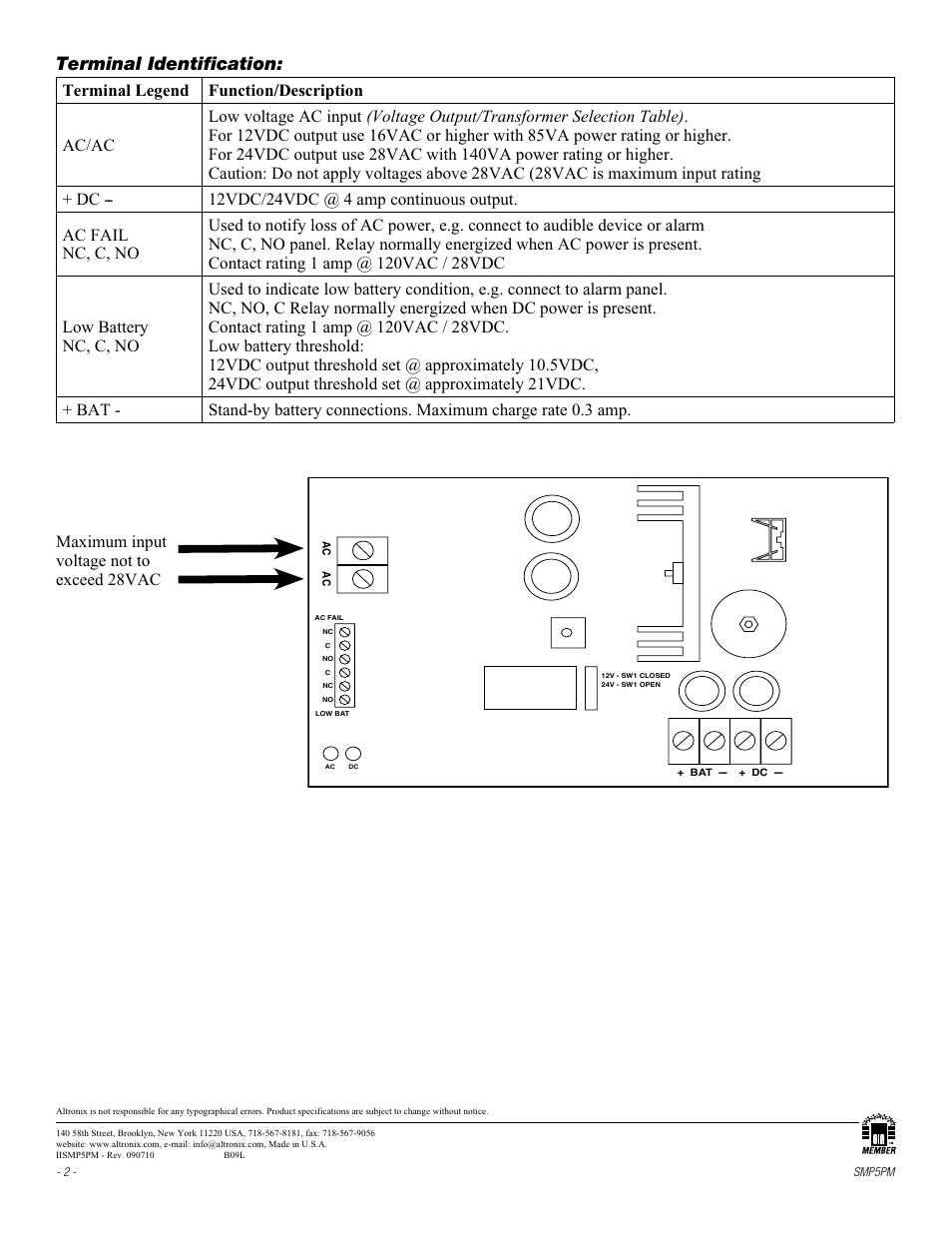 Terminal identification, Maximum input voltage not to exceed 28vac | Altronix SMP5PM Installation Instructions User Manual | Page 2 / 2