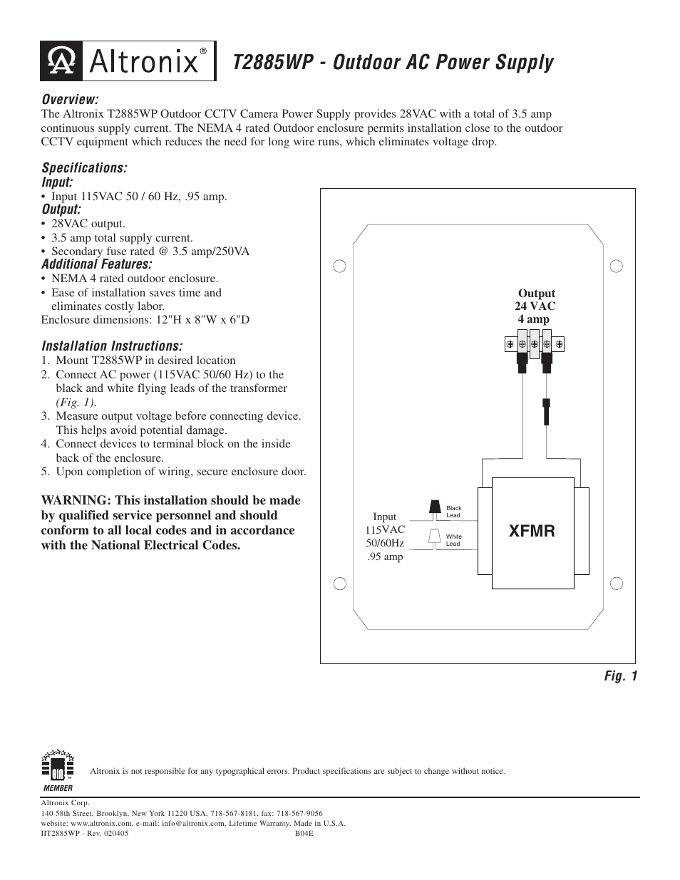 Altronix T2885WP Installation Instructions User Manual | 1 page