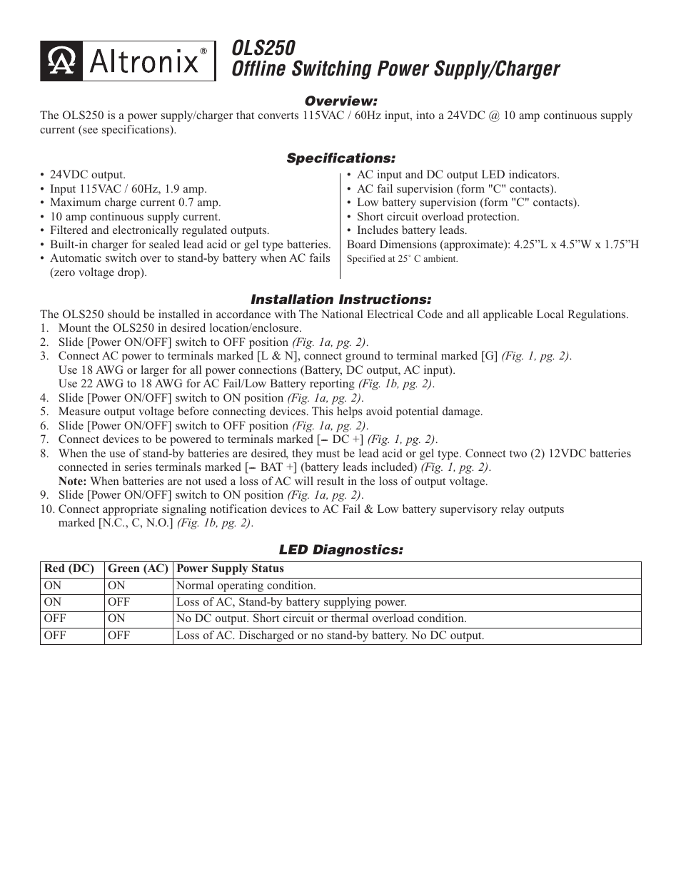 Altronix OLS250 Installation Instructions User Manual | 2 pages