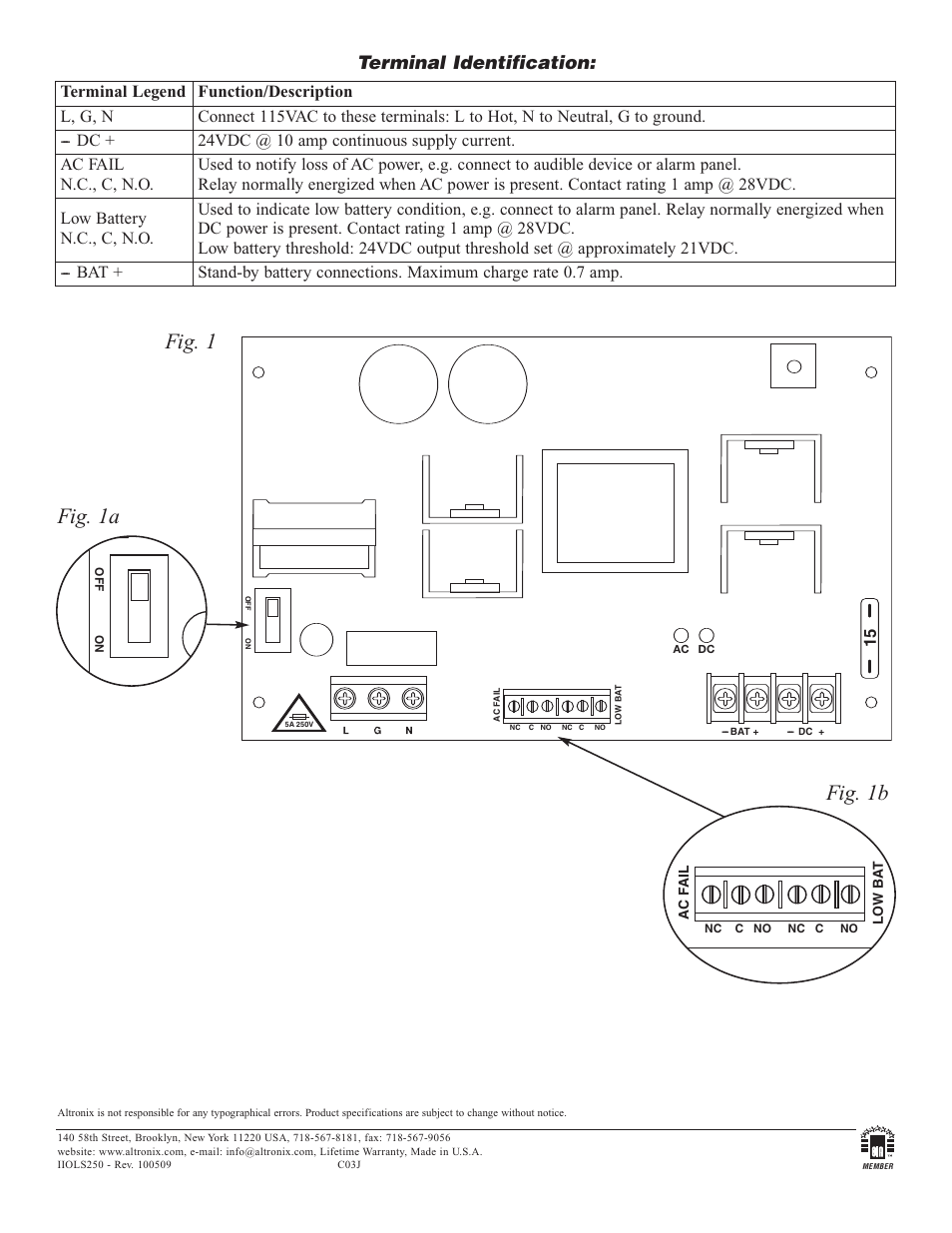 Fig. 1 fig. 1a, Fig. 1b, Terminal identification | Ac dc | Altronix OLS250 Installation Instructions User Manual | Page 2 / 2