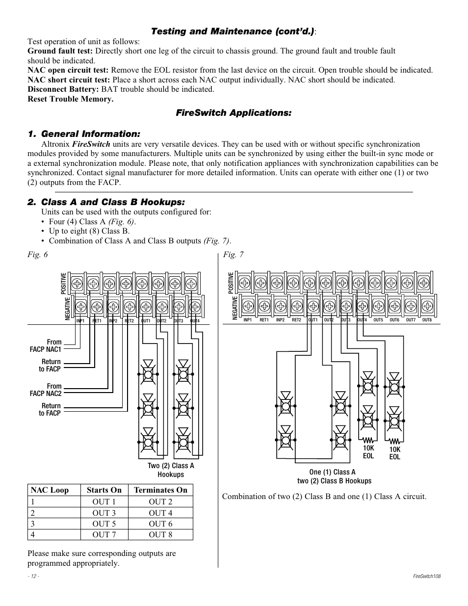 Fireswitch applications: 1. general information, Class a and class b hookups, Testing and maintenance (cont’d.) | Altronix FireSwitch108 Installation Instructions User Manual | Page 12 / 20