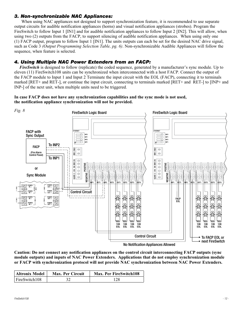 Non-synchronizable nac appliances, Using multiple nac power extenders from an facp, Fig. 8 | Facp with sync output to inp2 to inp1, Or sync module, Control circuit fireswitch logic board, Facp | Altronix FireSwitch108 Installation Instructions User Manual | Page 13 / 20