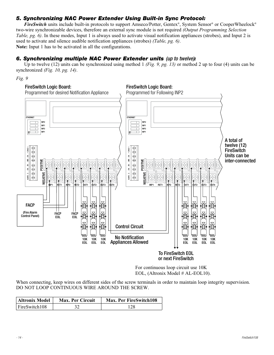 No notification appliances allowed, Control circuit, System sensor | Or cooperwheelock, Facp | Altronix FireSwitch108 Installation Instructions User Manual | Page 14 / 20