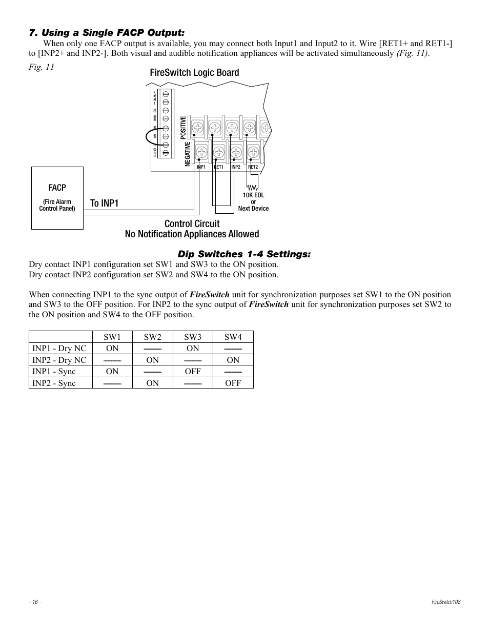 Using a single facp output, Dip switches 1-4 settings | Altronix FireSwitch108 Installation Instructions User Manual | Page 16 / 20