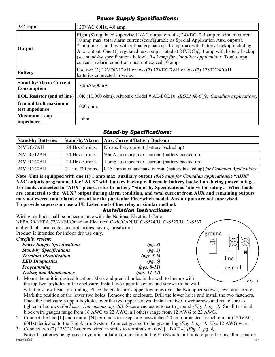 Line neutral ground | Altronix FireSwitch108 Installation Instructions User Manual | Page 3 / 20