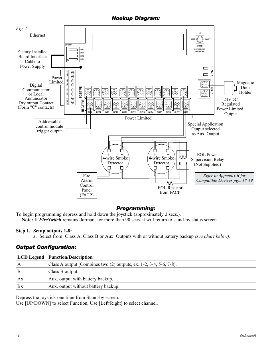 Hookup diagram: programming, Output configuration, Fig. 5 | Altronix FireSwitch108 Installation Instructions User Manual | Page 8 / 20