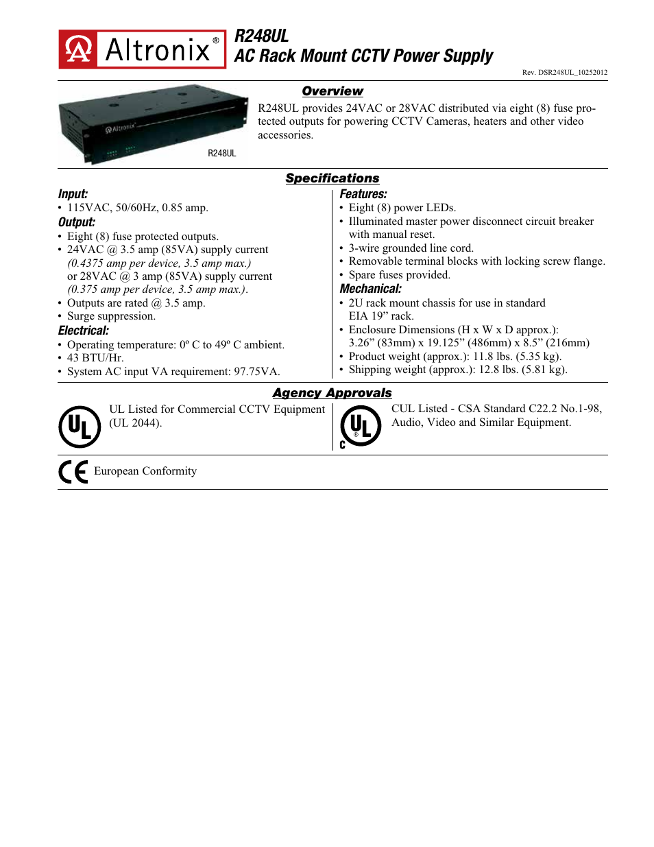 Altronix R248UL Data Sheet User Manual | 2 pages