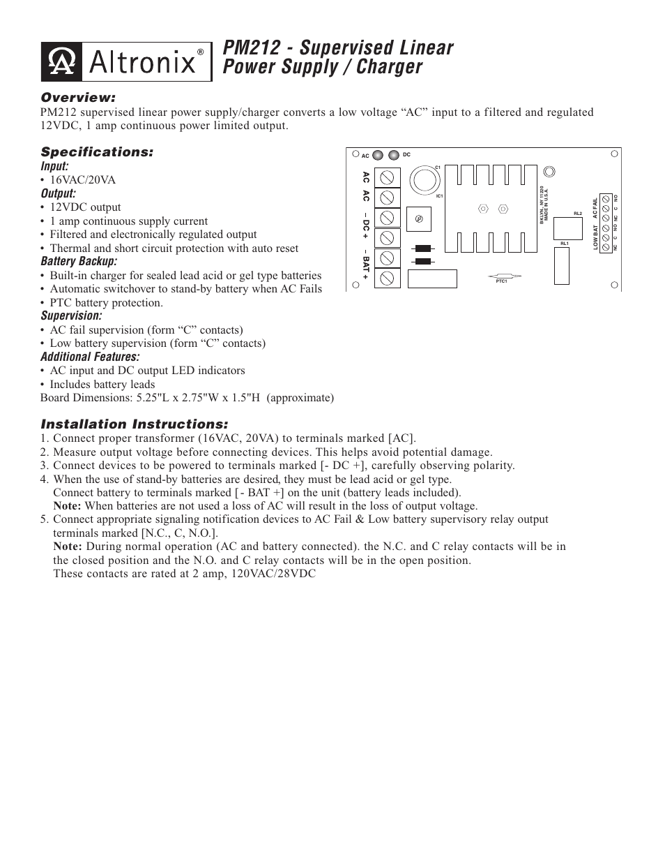 Altronix PM212 Installation Instructions User Manual | 2 pages