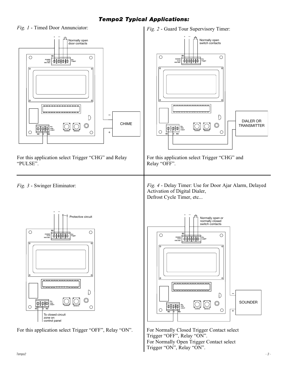Tempo2 typical applications, Fig. 1 - timed door annunciator, Chime | Dialer or transmitter, Sounder | Altronix Tempo2 Installation Instructions User Manual | Page 3 / 4