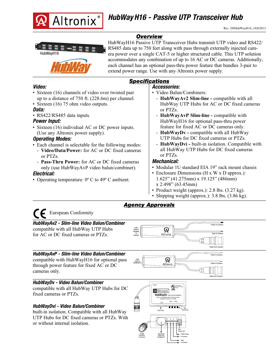 Altronix HubWay H16 Data Sheet User Manual | 2 pages