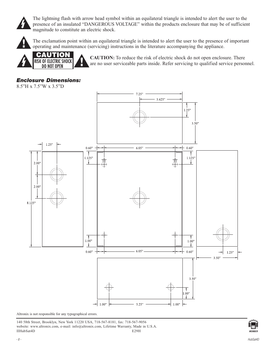 Enclosure dimensions | Altronix HubSat 4D Installation Instructions User Manual | Page 8 / 8