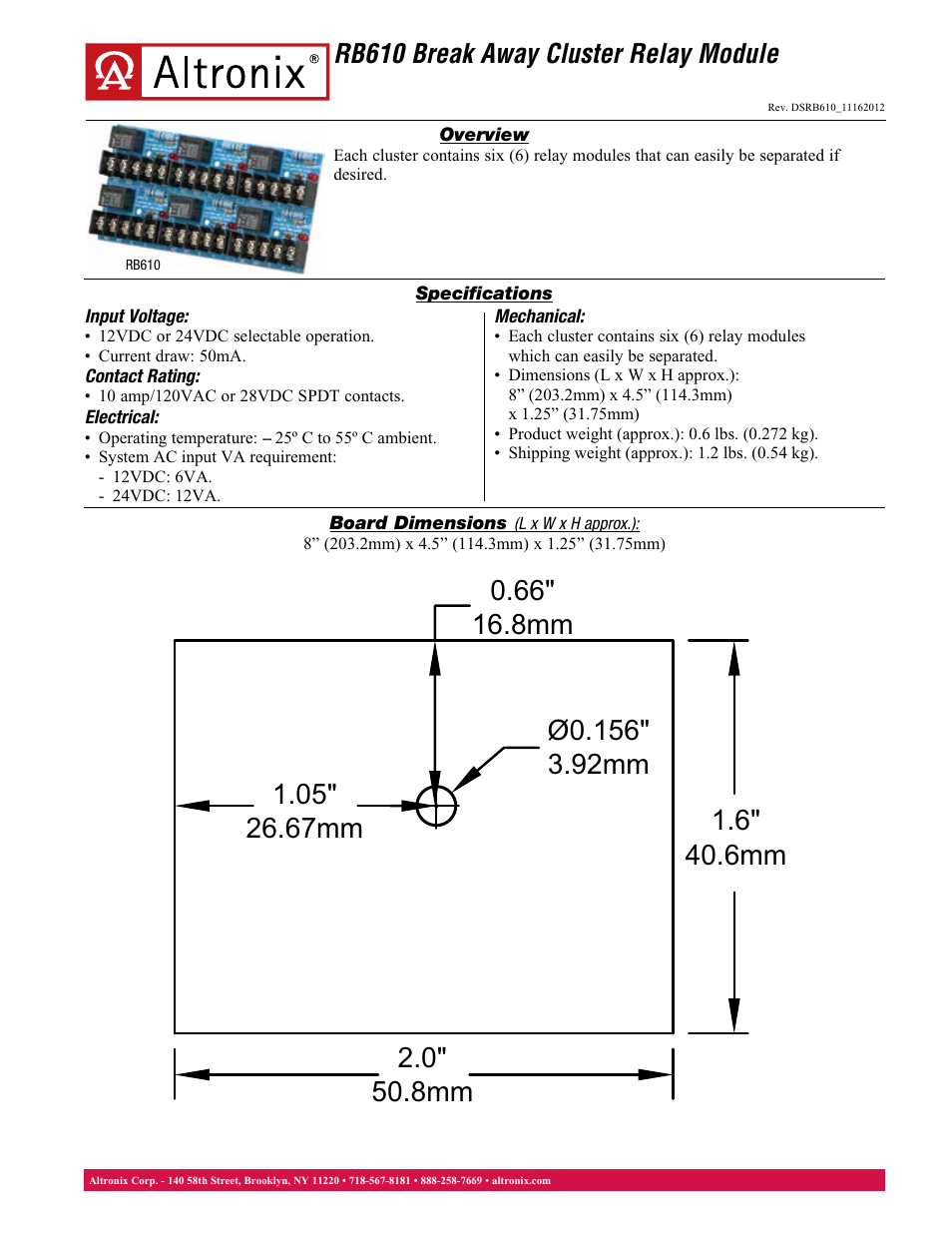 Altronix RB610 Data Sheet User Manual | 1 page