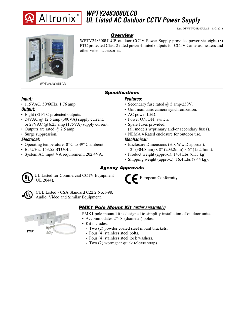 Altronix WPTV248300ULCB Data Sheet User Manual | 2 pages