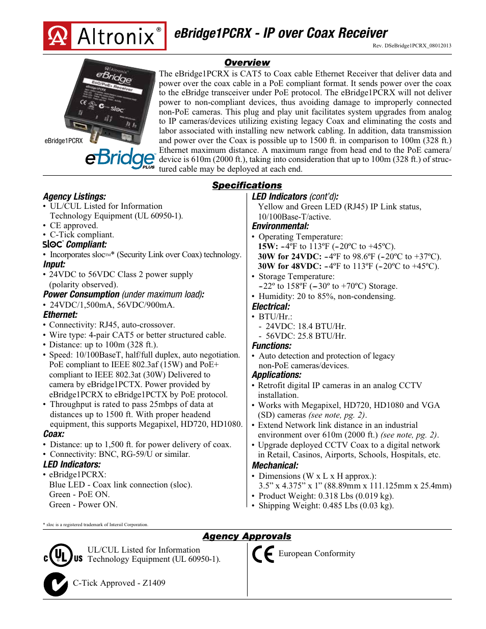 Altronix eBridge1PCRX Data Sheet User Manual | 2 pages