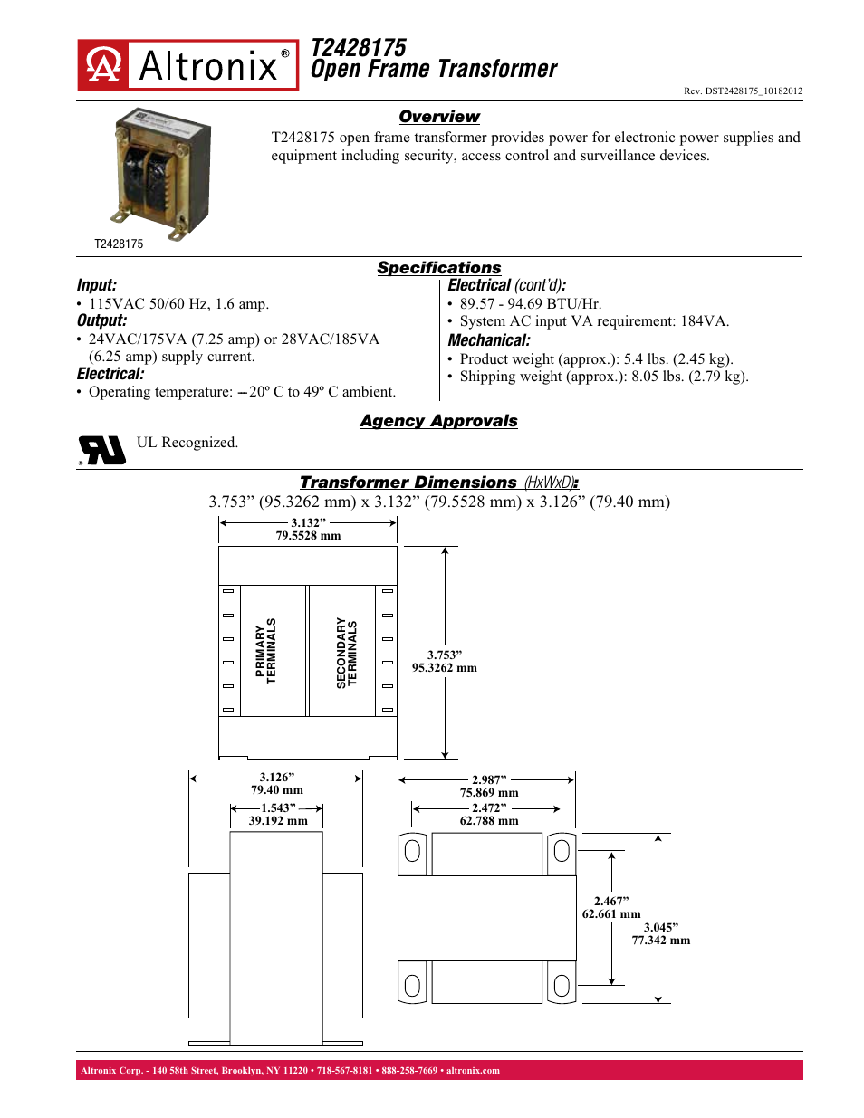 Altronix T2428175 Data Sheet User Manual | 1 page