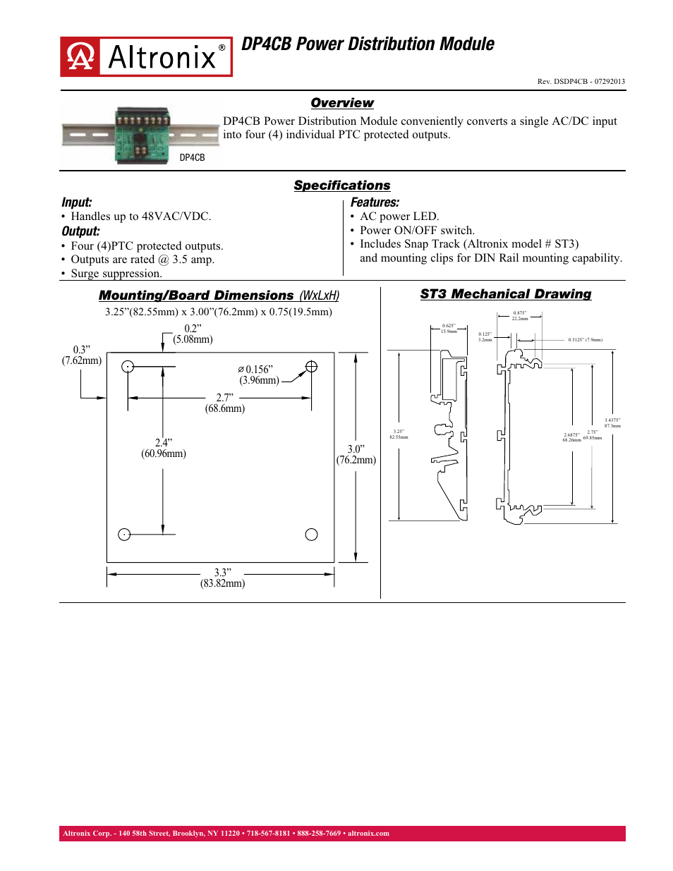 Altronix DP4CB Data Sheet User Manual | 1 page