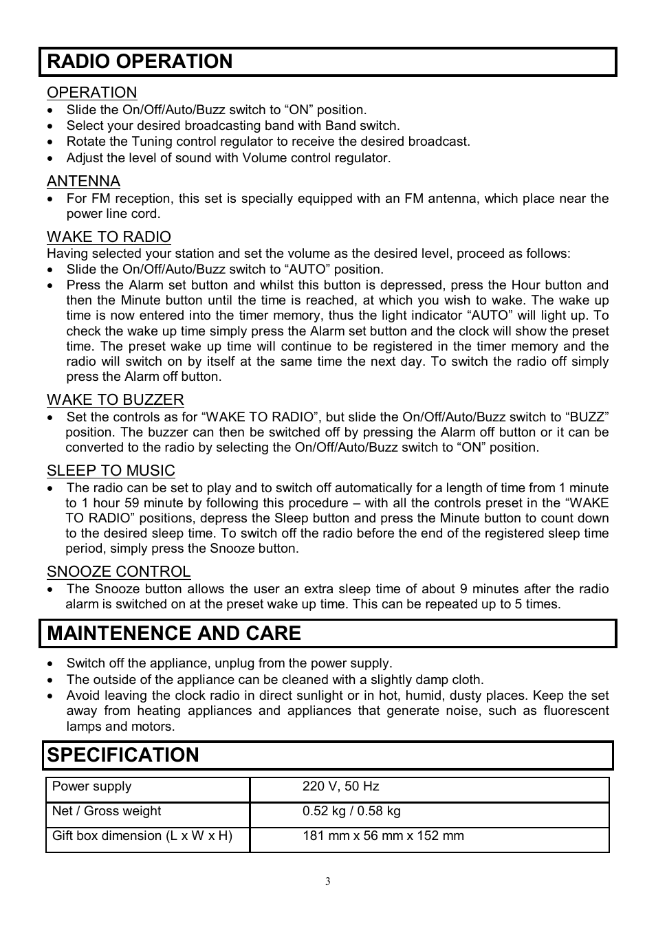 Radio operation, Maintenence and care, Specification | Scarlett SC-4002 User Manual | Page 3 / 6