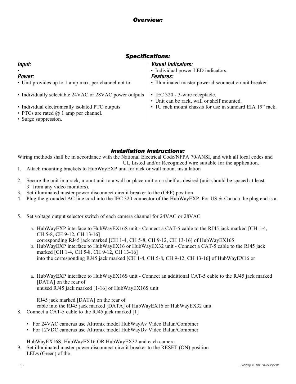 Altronix HubWay EXP UTP Power Injector Installation Instructions User Manual | Page 2 / 8