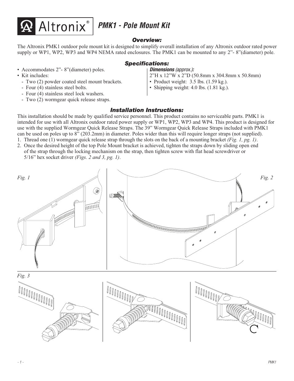 Altronix PMK1 Installation Instructions User Manual | 4 pages