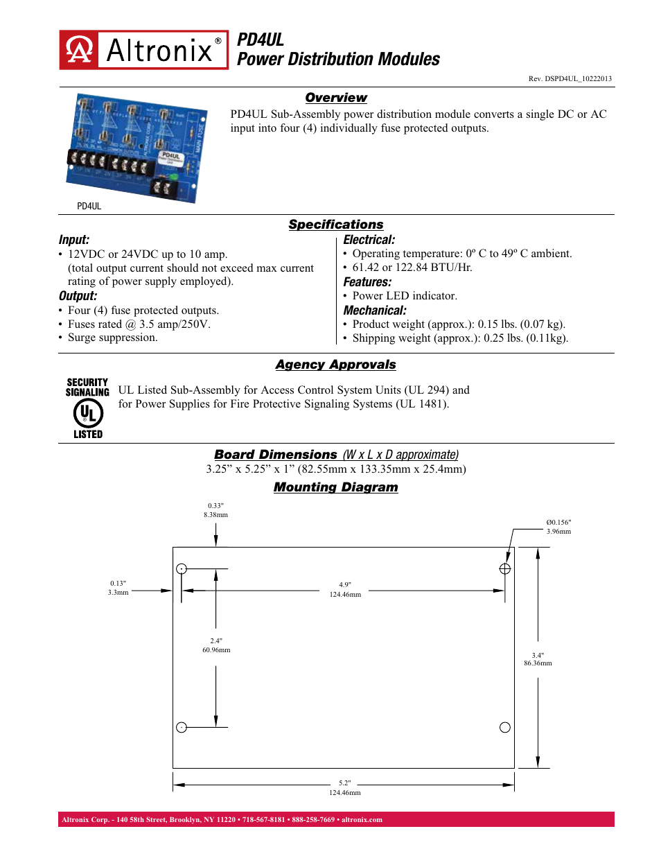 Altronix PD4UL Data Sheet User Manual | 1 page