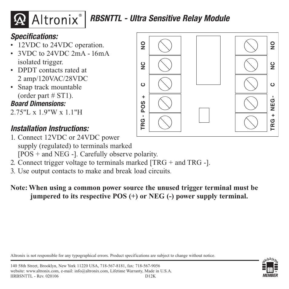 Altronix RBSNTTL Installation Instructions User Manual | 1 page