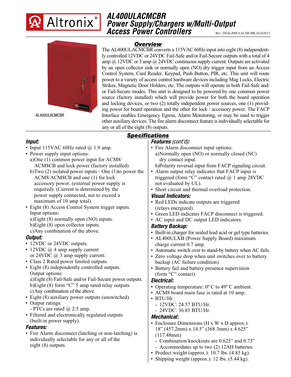 Altronix AL400ULACMCBR Data Sheet User Manual | 2 pages