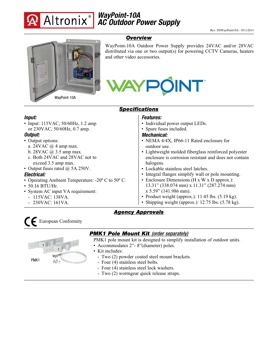 Altronix WayPoint-10A Data Sheet User Manual | 2 pages