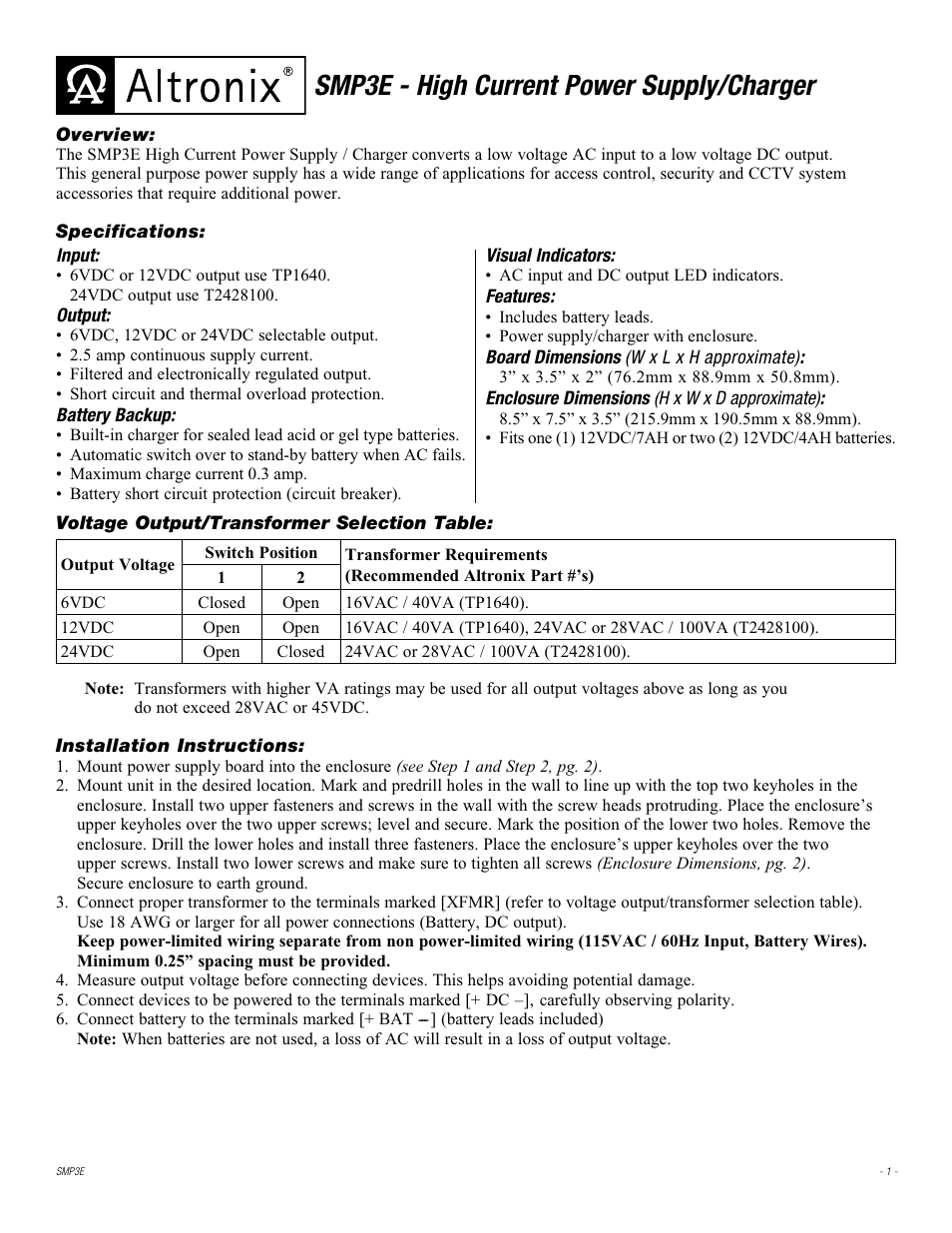 Altronix SMP3E Installation Instructions User Manual | 2 pages