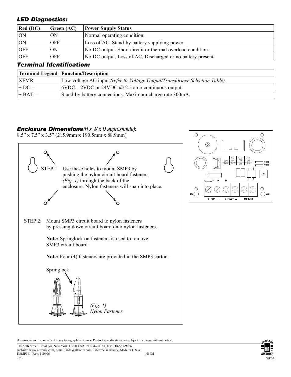 Led diagnostics, Terminal identification | Altronix SMP3E Installation Instructions User Manual | Page 2 / 2