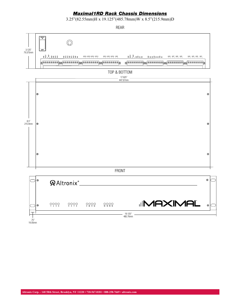 Maximal1rd rack chassis dimensions, Front top & bottom rear | Altronix Maximal1RD Data Sheet User Manual | Page 2 / 2