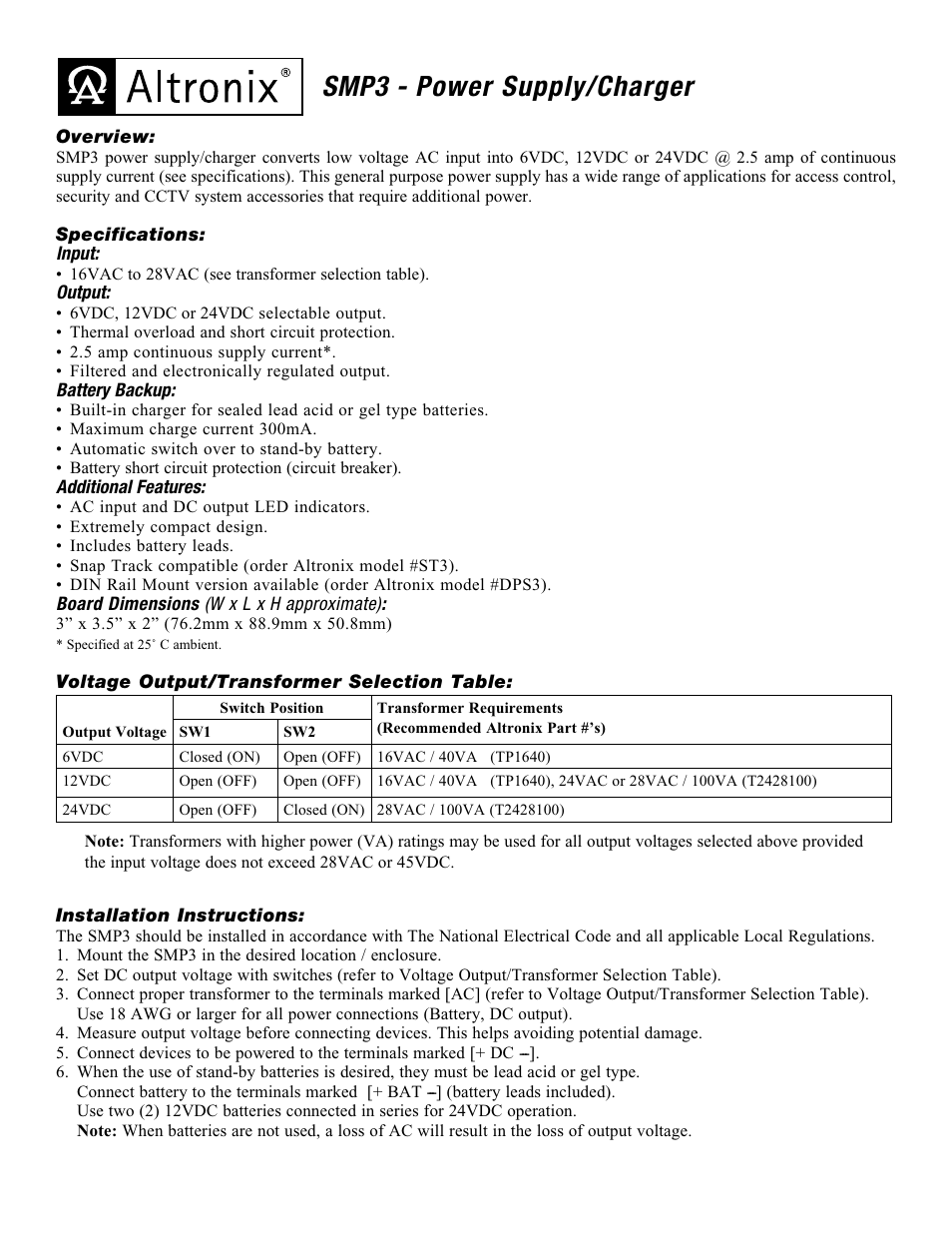 Altronix SMP3 Installation Instructions User Manual | 2 pages