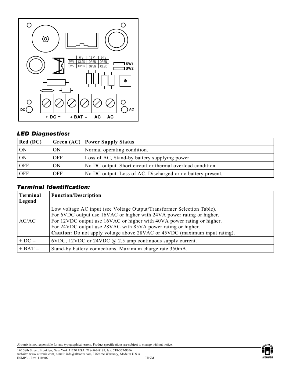 Led diagnostics, Terminal identification | Altronix SMP3 Installation Instructions User Manual | Page 2 / 2