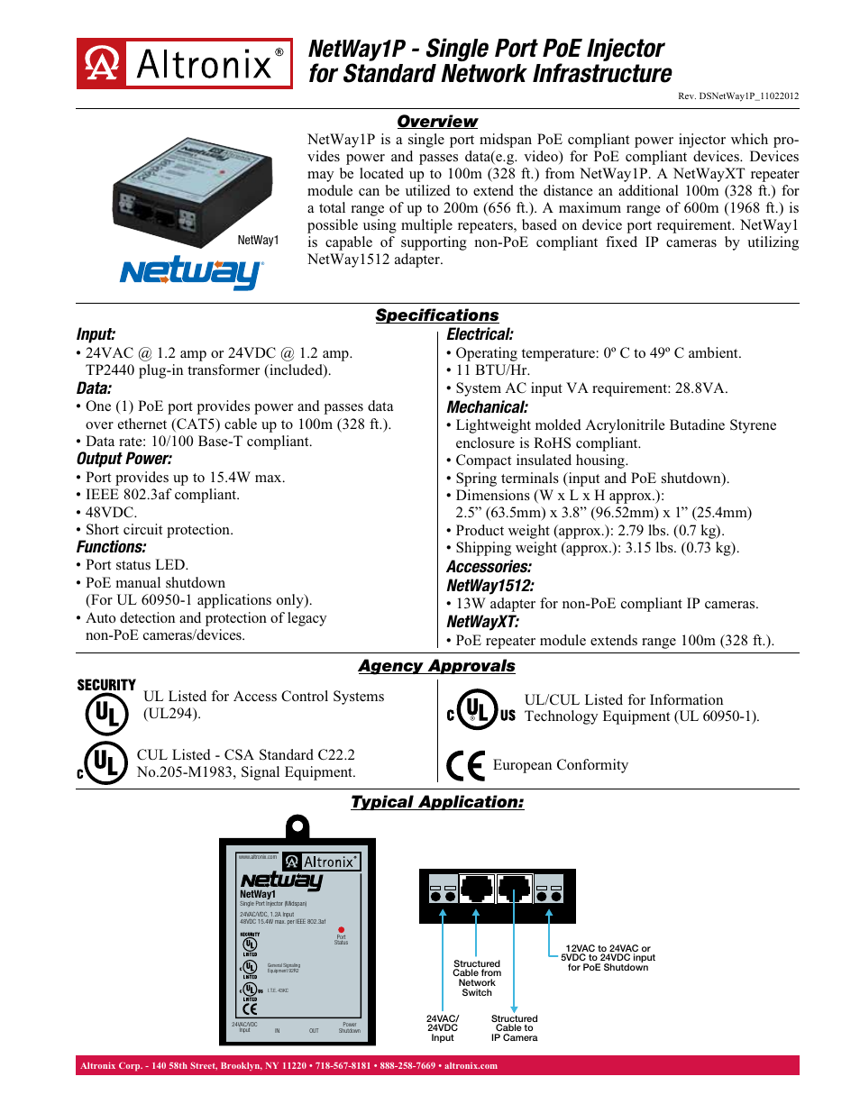 Altronix NetWay1P Data Sheet User Manual | 1 page