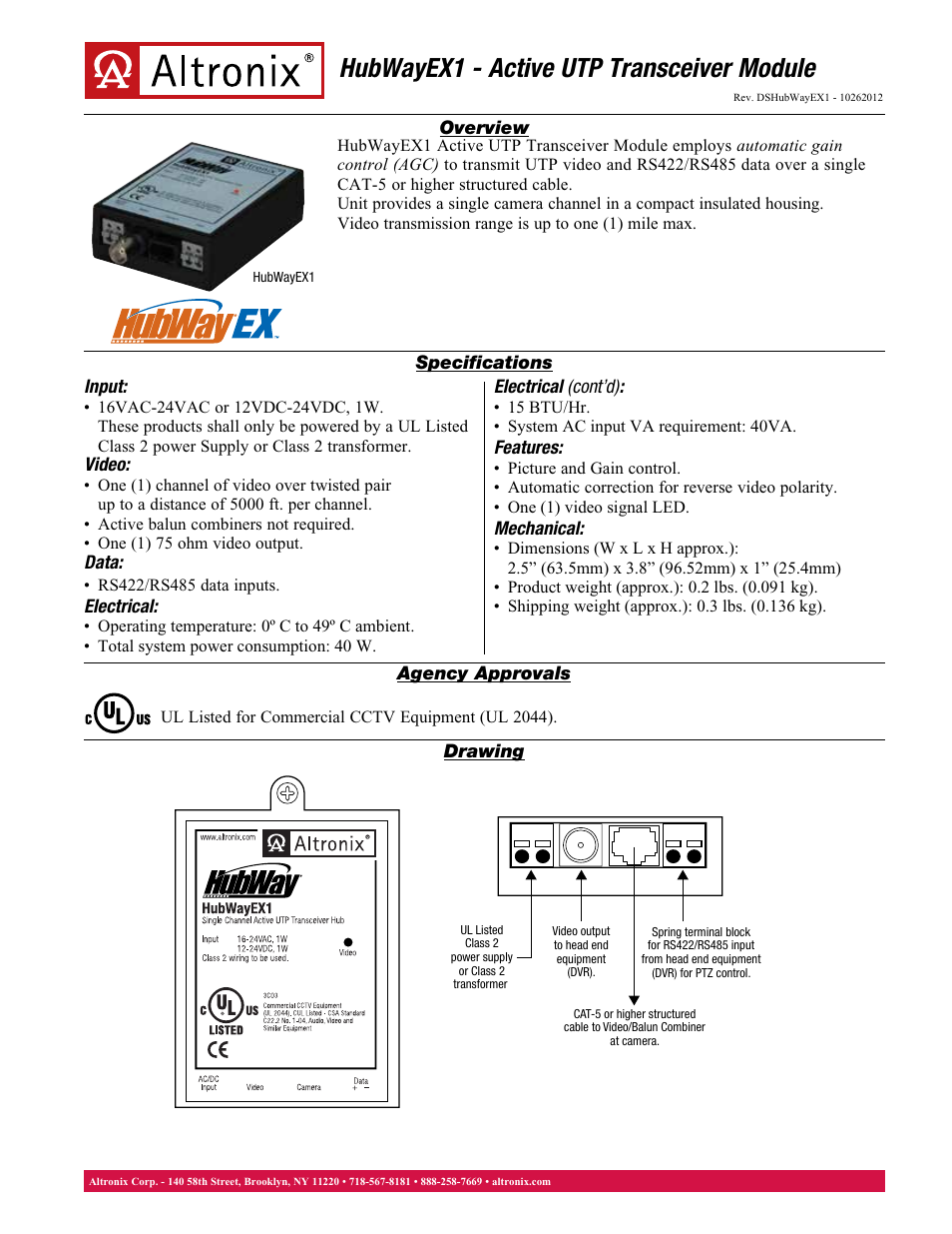 Altronix HubWay EX1 Data Sheet User Manual | 1 page