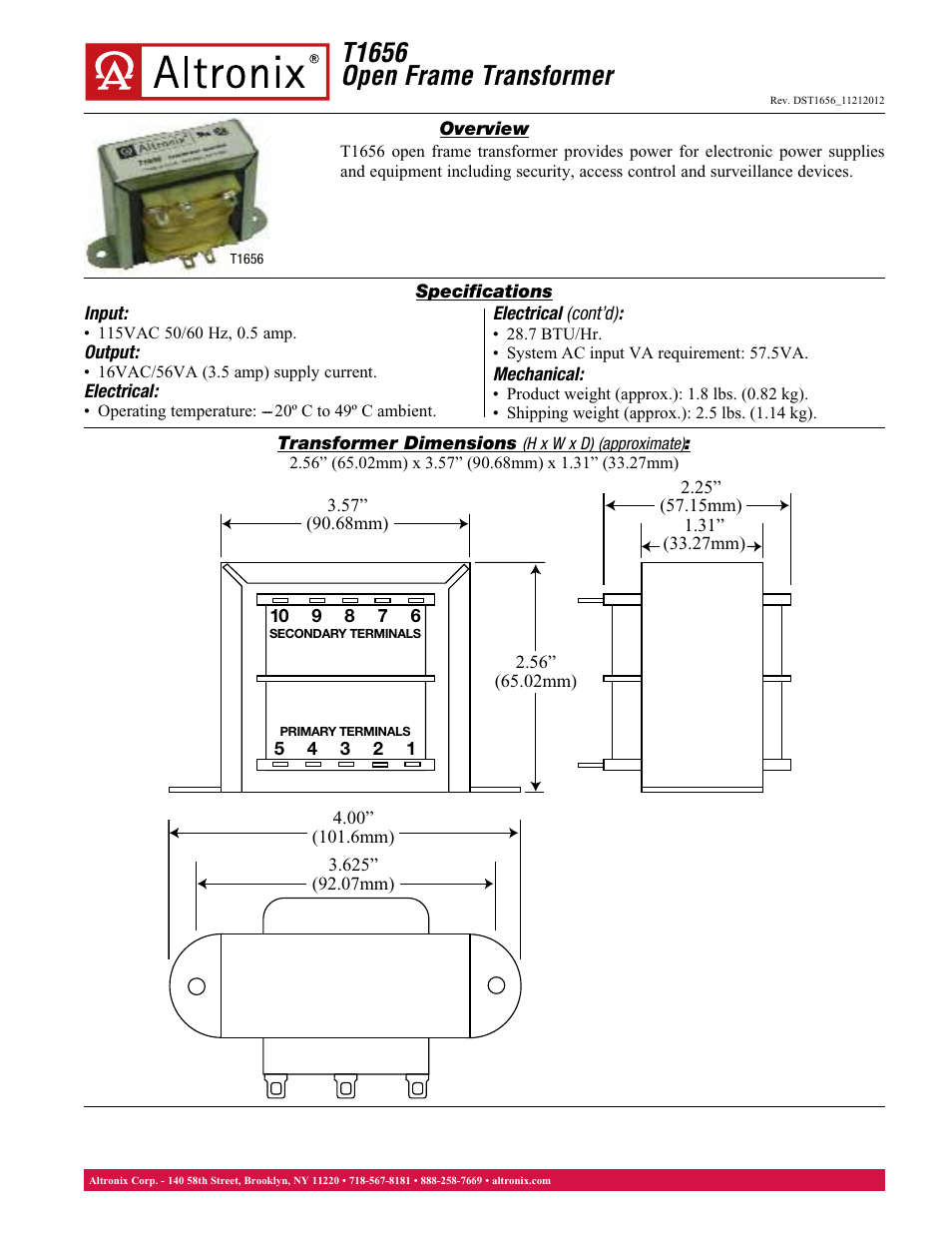 Altronix T1656 Data Sheet User Manual | 1 page