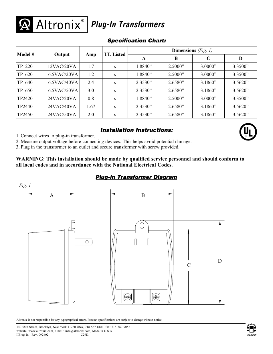 Altronix TP2450 Installation Instructions User Manual | 1 page